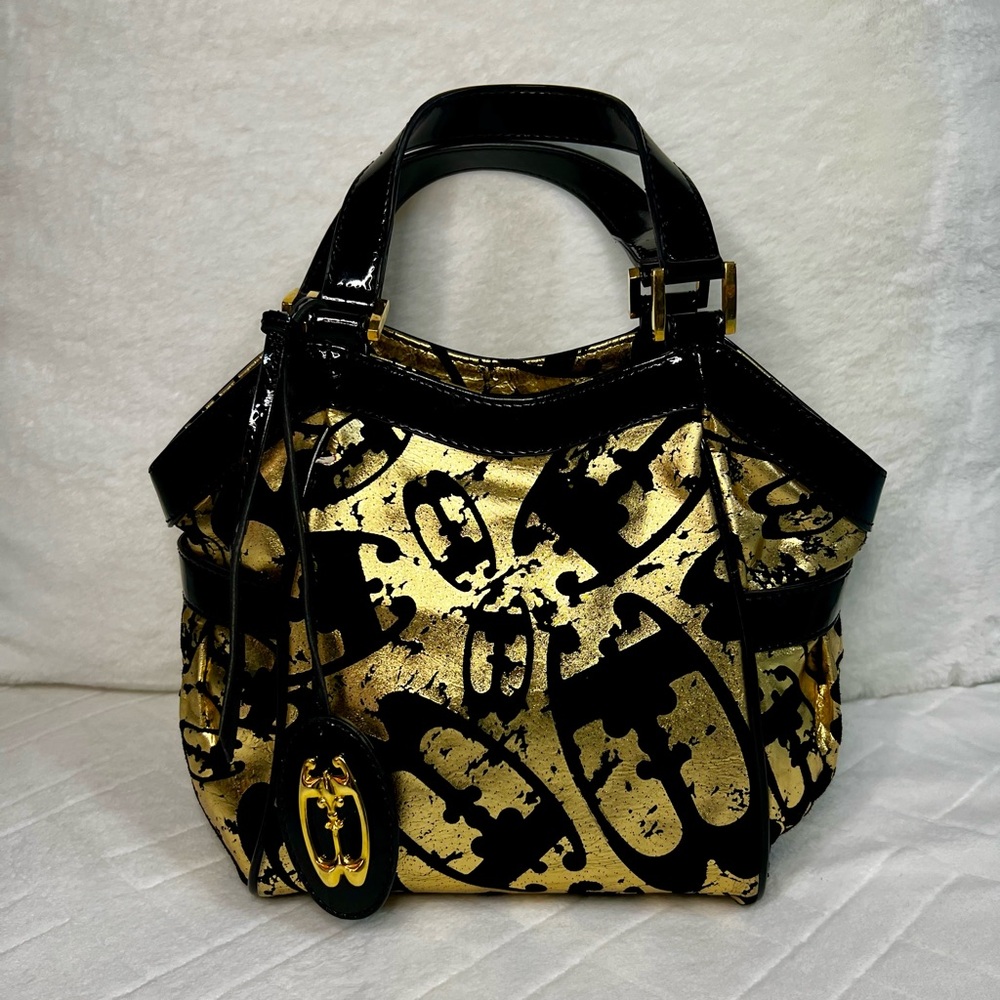 BRACCIALINI BLACK PATENT LEATHER AND GOLD HANDBAG MADE IN ITALY EUC